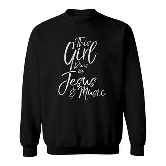 Womens Christian Musician Gift This Girl Runs On Jesus & Music Sweatshirt | Mazezy