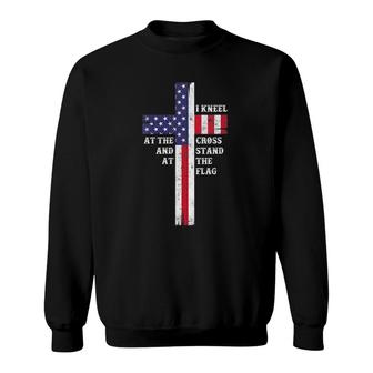 Womens I Kneel At The Cross And Stand At The Flag Men Women V-Neck Sweatshirt | Mazezy
