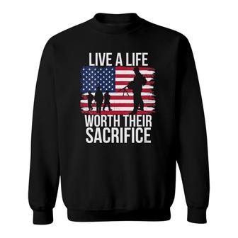 Womens Live A Life Worth Their Sacrifice Veterans Day Military Men V-Neck Sweatshirt | Mazezy