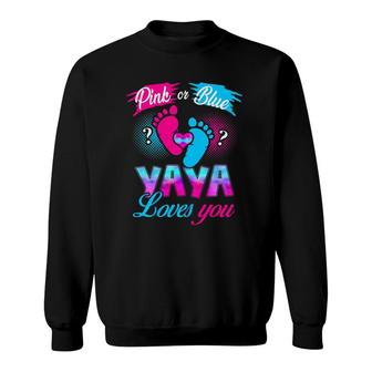 Womens Pink Or Blue Yaya Loves You Baby Gender Reveal Sweatshirt | Mazezy