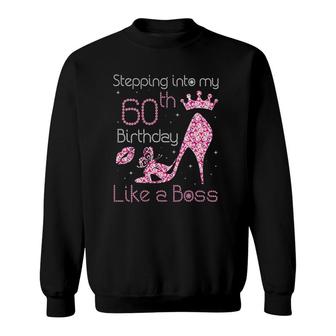 Womens Queen Stepping Into My 60Th Birthday Like A Boss Born 1961 V-Neck Sweatshirt | Mazezy