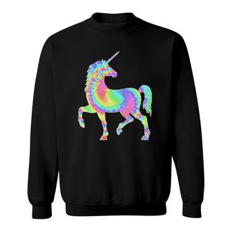 Womens Tie Dye Cute Unicorn Mythical Fairy Tale Colorful Horn Pink V-Neck Sweatshirt | Mazezy