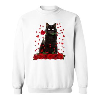Black Cat Biting Rose Hearts Valentine's Day Animal Pet Sweatshirt | Mazezy