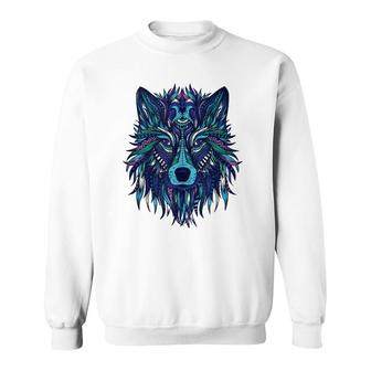 Blue Wolf Head Tribal Mandala Tattoo Art Sweatshirt | Mazezy