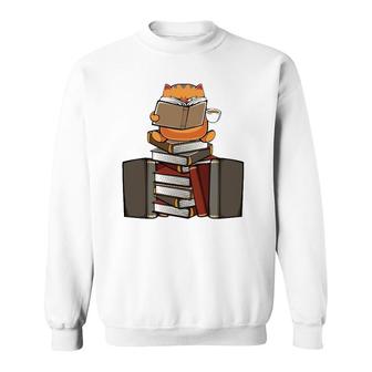 Book Lover Japanese Kawaii Cat Pet Reading Tea Coffee Cozy Sweatshirt | Mazezy