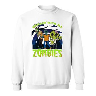 Chillin With My Zombies Design Funny Halloween Kids Zombies Sweatshirt | Mazezy