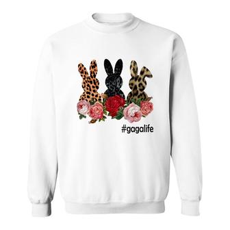 Cute Bunny Flowers Gaga Life Happy Easter Sunday Floral Leopard Plaid Women Gift Sweatshirt | Mazezy