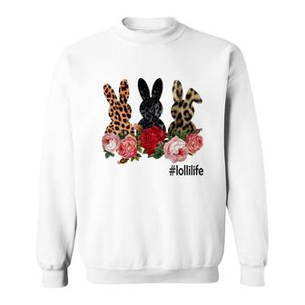 Cute Bunny Flowers Lolli Life Happy Easter Sunday Floral Leopard Plaid Women Gift Sweatshirt | Mazezy UK