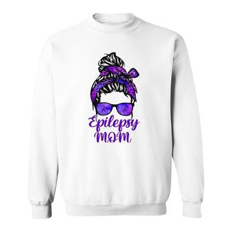 Epilepsy Mom Messy Bun Hair Glasses Bandana Purple Ribbon Sweatshirt | Mazezy