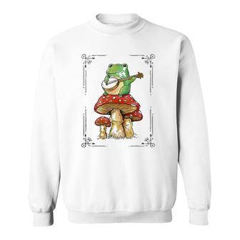 Funny Cottagecore Aesthetic Frog Playing Banjo On Mushroom Sweatshirt | Mazezy