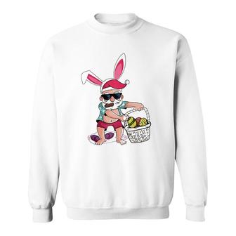 Funny Easter Bunny Santa With Bunny Ears & Easter Egg Basket Raglan Baseball Tee Sweatshirt | Mazezy