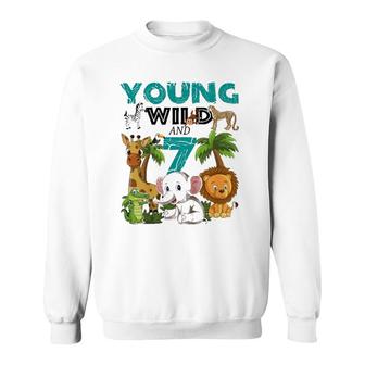 Kids Young Wild And 7 - 7Th Birthday Safari Zoo Animal Jungle Sweatshirt | Mazezy