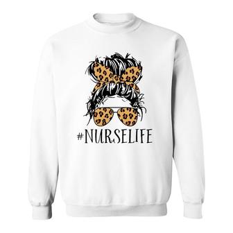 Nurse Life Messy Bun Leopard Sweatshirt | Mazezy