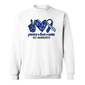 Peace Love Cure Blue & White Ribbon Als Awareness Month Sweatshirt | Mazezy