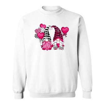 Pink Buffalo Plaid And Heart Balloons Valentine's Day Gnome Raglan Baseball Tee Sweatshirt | Mazezy