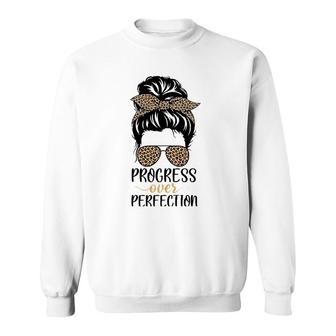 Progress Over Perfection Messy Bun Hair Teacher Leopard Sweatshirt | Mazezy