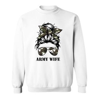 Proud Army Wife Messy Bun Camo Flag Spouse Military Pride Pullover Sweatshirt | Mazezy