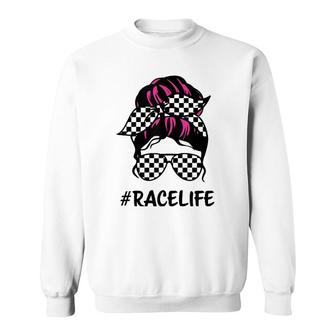 Race Life Checkered Racing Pink Messy Bun Hair Mothers Day Sweatshirt | Mazezy