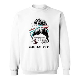 Softball Mom Softball Lover Mother's Day Gift Messy Bun American Flag Bandana Sunglasses Sweatshirt | Mazezy