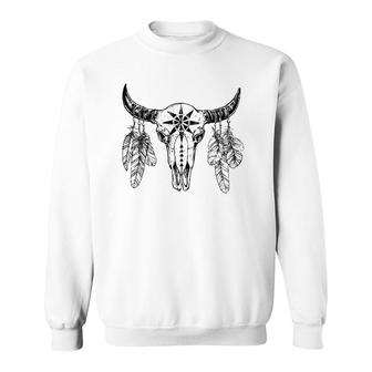 Western Rodeo Bull Skull With Feathers Sweatshirt | Mazezy