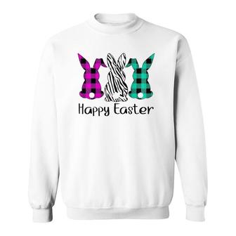 Womens Happy Easter Plaid Zebra Print Bunnies Easter Sweatshirt | Mazezy
