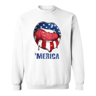 Womens 'Merica American Flag Mouth Lips 4Th Of July Teens Women Raglan Baseball Tee Sweatshirt