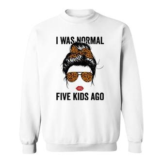 Womens Messy Bun I Was Normal Five Kids Ago Leopard Funny Mama Life V-Neck Sweatshirt | Mazezy DE