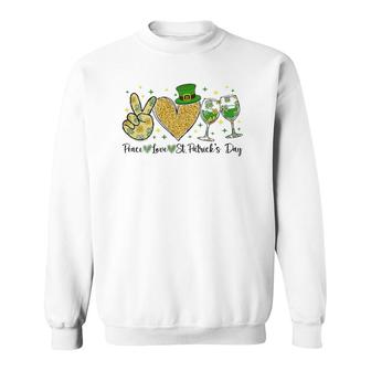 Womens Peace Love St Patrick's Day Cheer Drinking Glitter Shamrock V-Neck Sweatshirt | Mazezy