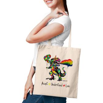 Autism Awareness Accept Understand Love Dinosaur Watercolor Tote Bag | Mazezy CA