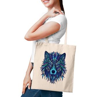 Blue Wolf Head Tribal Mandala Tattoo Art Tote Bag | Mazezy