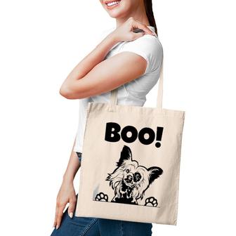 Boo Hiding Hairless Puppy Dog Halloween Chinese Crested Tote Bag | Mazezy