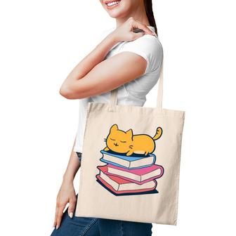 Cute Cat Sleeping On Book Bookworm Librarian Gift Tote Bag | Mazezy