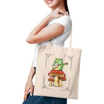 Funny Cottagecore Aesthetic Frog Playing Banjo On Mushroom Tote Bag | Mazezy