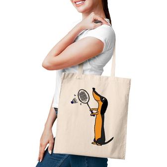 Funny Dachshund Dog Playing Badminton Tote Bag | Mazezy