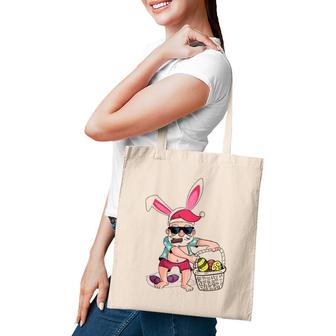 Funny Easter Bunny Santa With Bunny Ears & Easter Egg Basket Raglan Baseball Tee Tote Bag | Mazezy