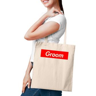 Groom White Text Wedding Gift Tote Bag | Mazezy