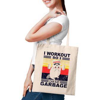 I Workout So I Can Eat Garbage Funny Raccoon Vintage Gym Tote Bag | Mazezy
