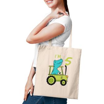 Kids Dino Tractor Birthday 5 Years Old Birthday Outfit Boys Tote Bag | Mazezy