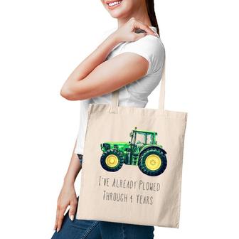 Kids Plowed Through 4 Years Green Tractor Boy Birthday Party Tote Bag | Mazezy