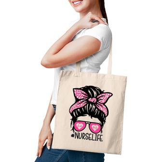 Nurse Life Gift Nurse Week Messy Bun Heartbeat Sunglasses Pink Bandana Tote Bag | Mazezy