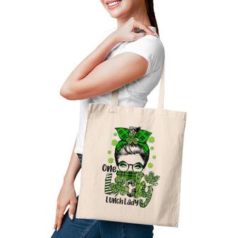 One Lucky Lunch Lady Shamrock Messy Bun Funny St Patrick's Day Raglan Baseball Tee Tote Bag | Mazezy