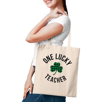 One Lucky Teacher Buffalo Plaid Green Shamrock Tote Bag | Mazezy