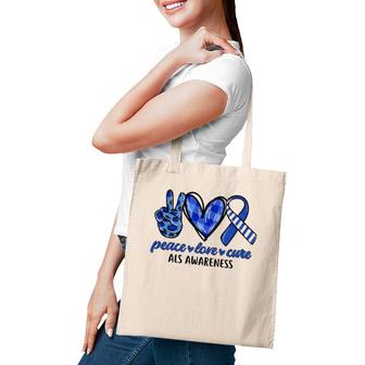 Peace Love Cure Blue & White Ribbon Als Awareness Month Tote Bag | Mazezy AU