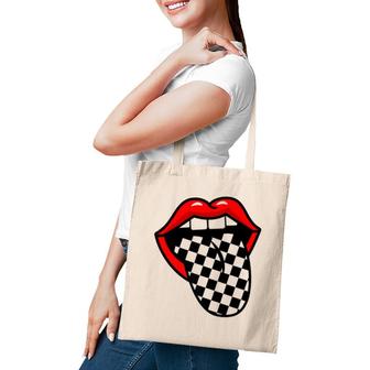 Red Lips Black White Checkered Tongue Tote Bag | Mazezy
