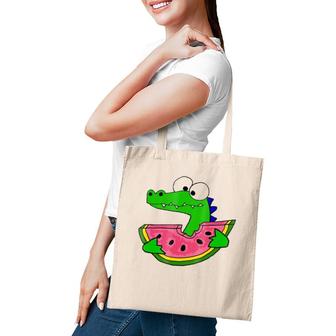 Smiletodaytees Funny Alligator Eating Watermelon Tote Bag | Mazezy