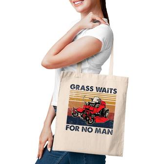 Vintage Grass Waits For No Man, Funny Mens Grass Cutting Tote Bag | Mazezy