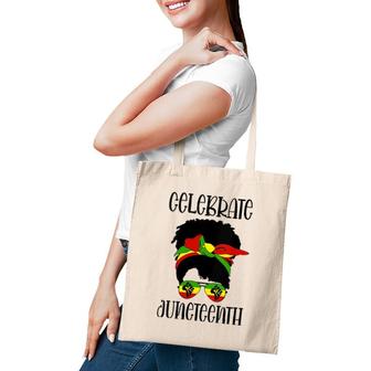 Womens Black Women Messy Bun Juneteenth Celebrate V-Neck Tote Bag | Mazezy