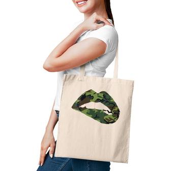 Womens Camouflage Lips Mouth Military Kiss Me Biting Camo Kissing V-Neck Tote Bag | Mazezy