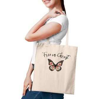 Womens Free In Christ Christian Butterfly V-Neck Tote Bag | Mazezy