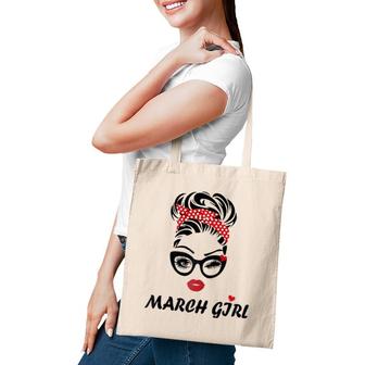 Womens March Girl Wink Eye Woman Face Was Born In March Raglan Baseball Tee Tote Bag | Mazezy